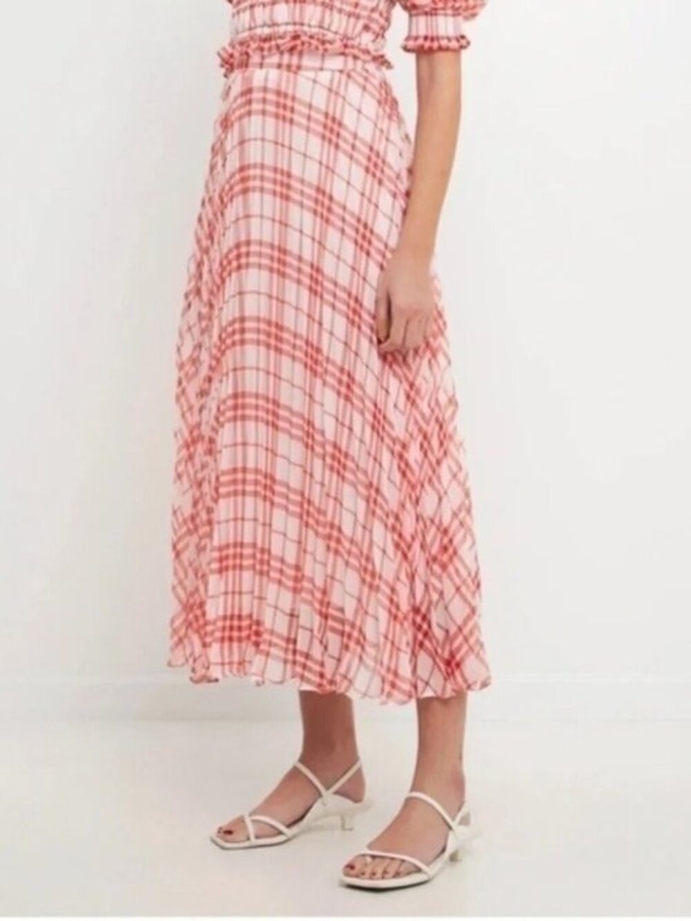 New Endless Rose Red White Plaid Pleated Midi Skirt XS